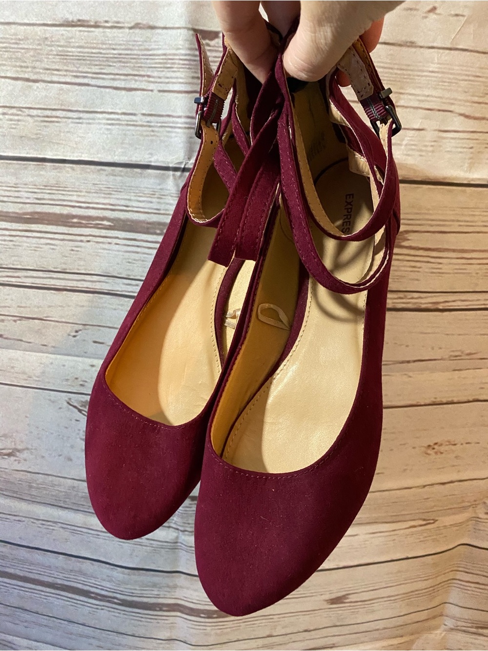 Express Burgundy Suede Ankle Strap Flats Size 10